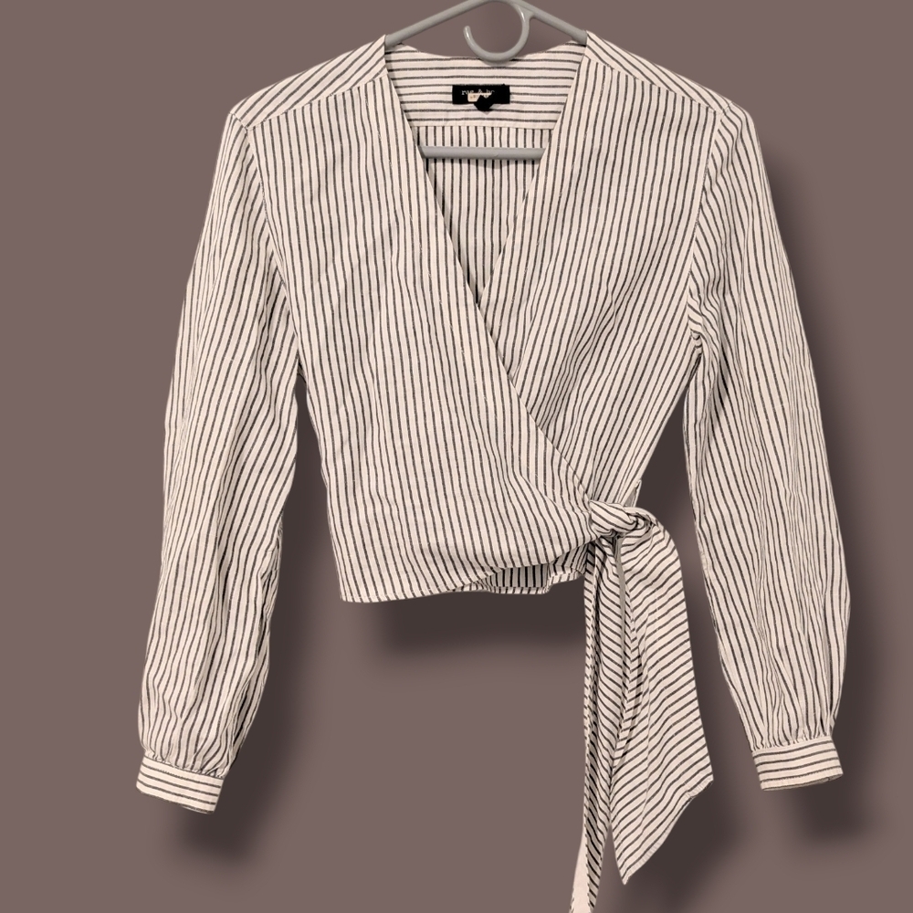 Rag & Bone Grey Striped Cotton Linen V-Neck Long Sleeve Cropped Wrap Blouse - Picture 1 of 9